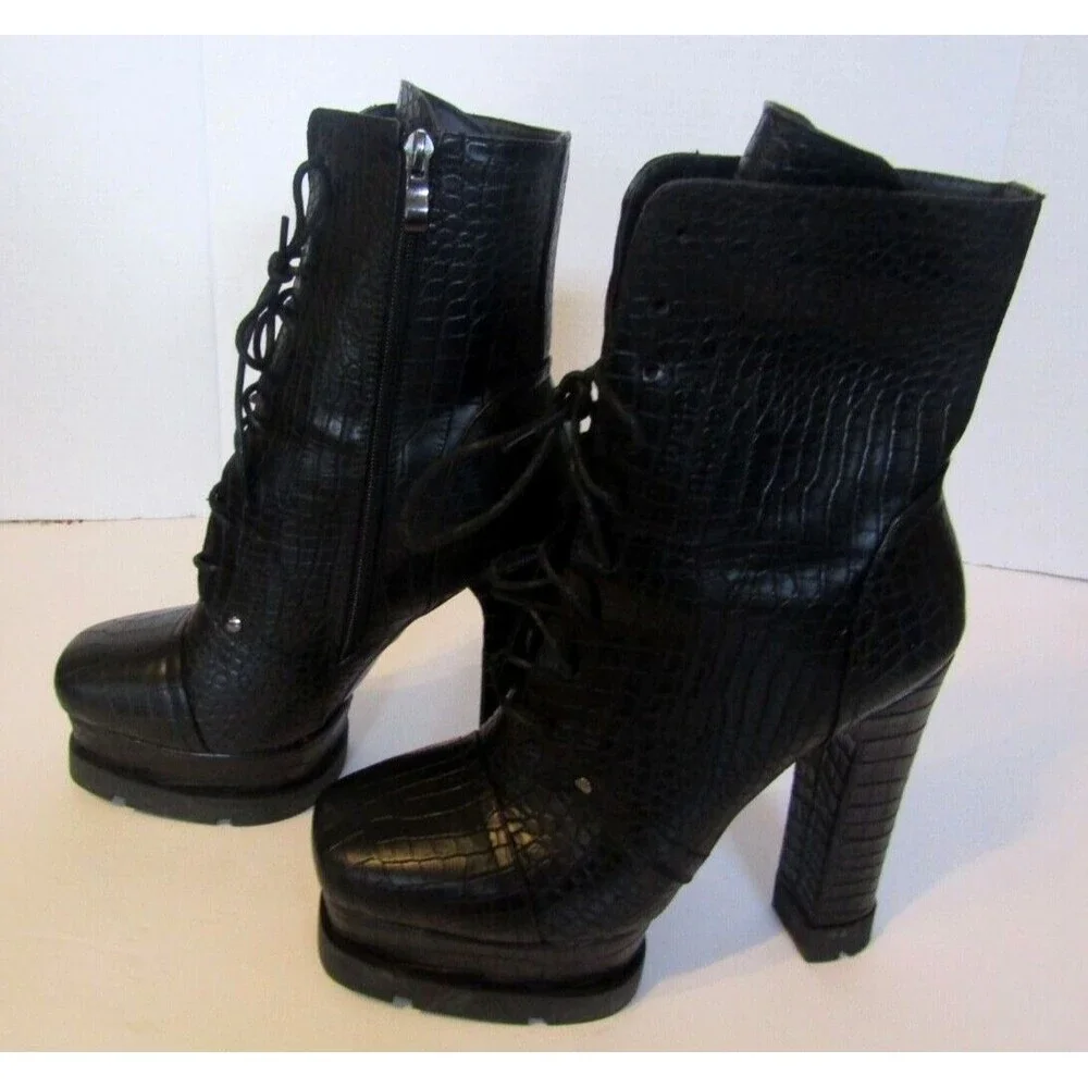 Azalea Wang Dolls Kill Ankle Boots NWOB Black Vegan Crocodile Heels Size 11